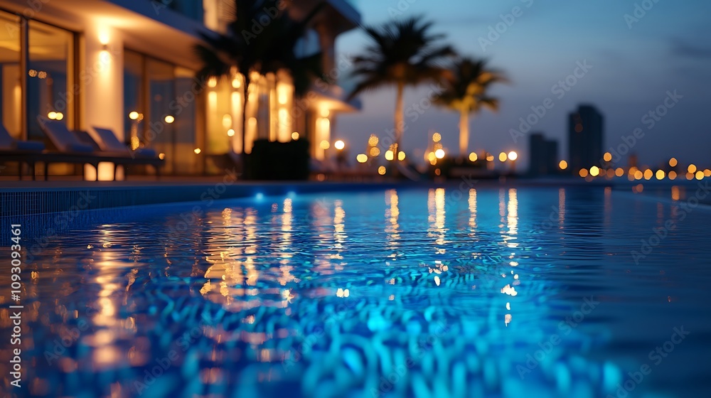 A serene hotel pool scene, evening lights softly illuminating the poolside, gentle reflections of city lights in the water, clean and modern decor, peaceful ambiance, relaxing atmosphere, A serene hotel pool scene, evening lights softly illuminating the poolside, gentle reflections of city lights in the water, clean and modern decor, peaceful ambiance, relaxing atmosphere,