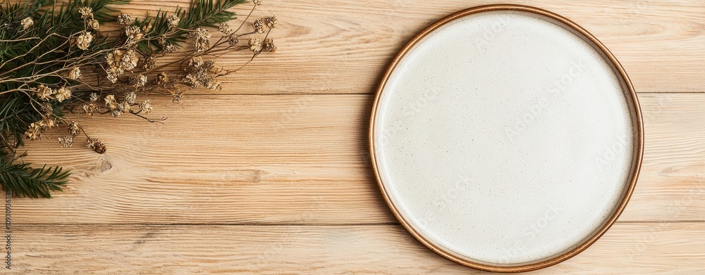 A simple ceramic plate with brown trim placed on a rustic wooden table, accompanied by dried flowers and evergreen branches. A simple ceramic plate with brown trim placed on a rustic wooden table, accompanied by dried flowers and evergreen branches.