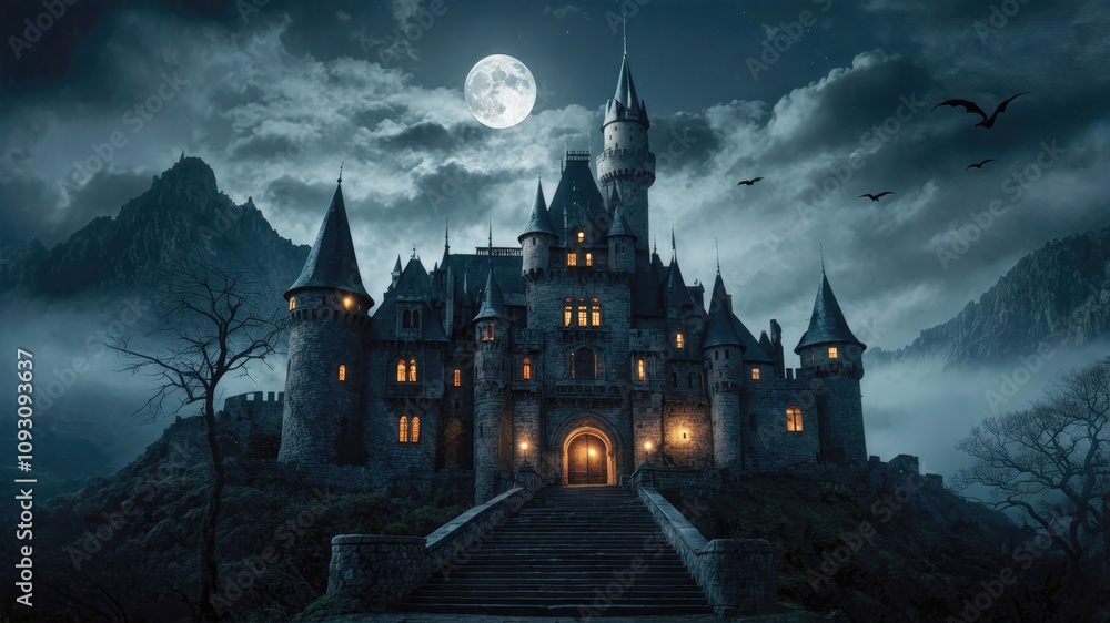 A majestic castle under the full moon, surrounded by misty mountains and barren trees, evoking a dark, mysterious, and gothic atmosphere A majestic castle under the full moon, surrounded by misty mountains and barren trees, evoking a dark, mysterious, and gothic atmosphere