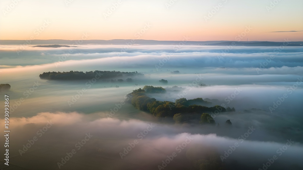 Fototapeta premium Enchanting Misty Landscape: Aerial View of Rolling Hills and Lush Trees Veiled in Serene Fog Beneath a Soft Sunrise