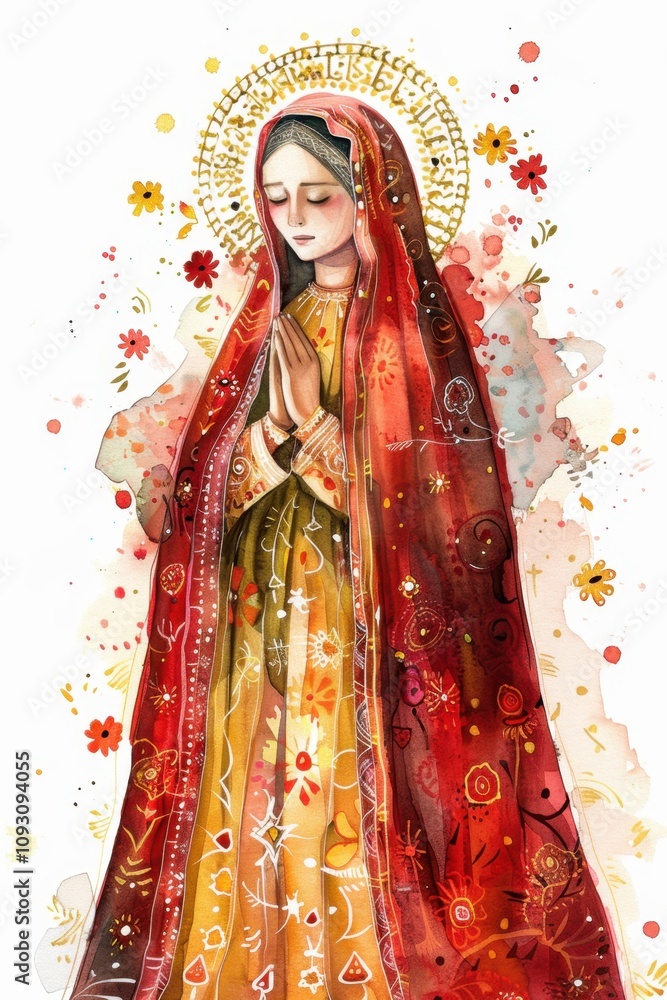 Fototapeta premium Virgin of Caacupe Day Blessed mary in prayer with floral patterns