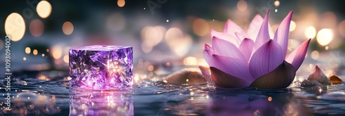 Purple Crystal Cube and Lotus Flower in Water - Serene image of a purple crystal cube and pink lotus flower floating in tranquil water, symbolizing purity, serenity, transformation, balance, and enlig photo