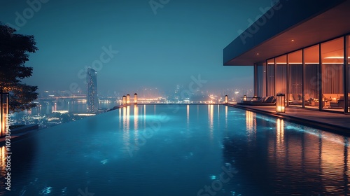 A tranquil outdoor pool at a luxury hotel, surrounded by modern architecture, the city lights sparkling in the background, serene reflections on the water surface,