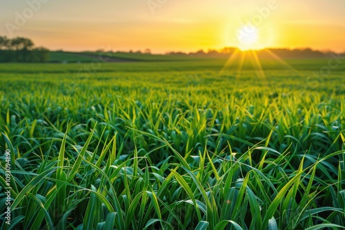 Vibrant green field bathed in the golden light of a setting sun, natures serene beauty.