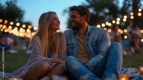 A couple sharing a blanket while watching an outdoor movie