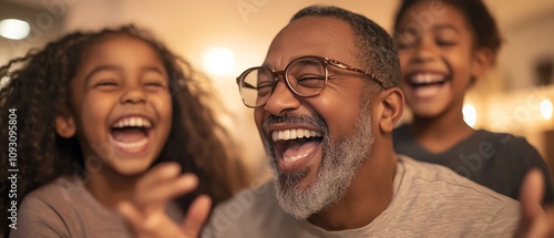 A family playing charades and laughing in their living room