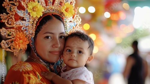 Virgin of Caacupe Day Mother and child in colorful traditional festival attire with floral headpiece photo