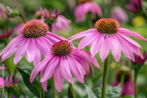 Closeup of three vibrant pink coneflowers, showcasing their delicate petals and prominent central cones.