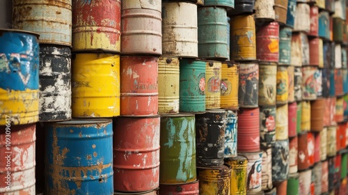 Tin Can Day Colorful stack of vintage oil drums in unique artistic arrangement photo