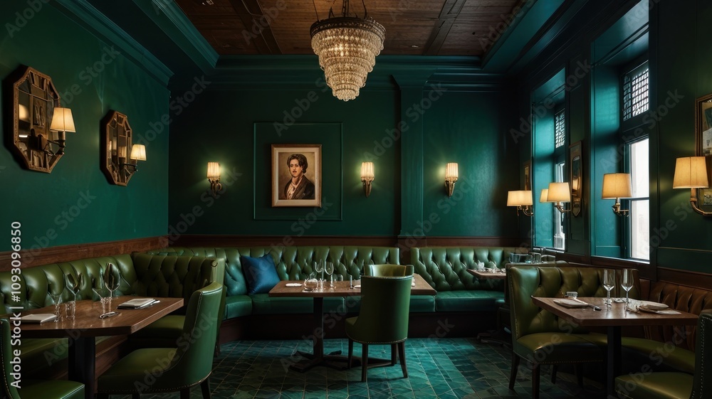 Here's a description and keywords for your image.. Elegant emerald green dining room with leather banquettes, crystal chandelier, and antique portrait. Here's a description and keywords for your image.. Elegant emerald green dining room with leather banquettes, crystal chandelier, and antique portrait.