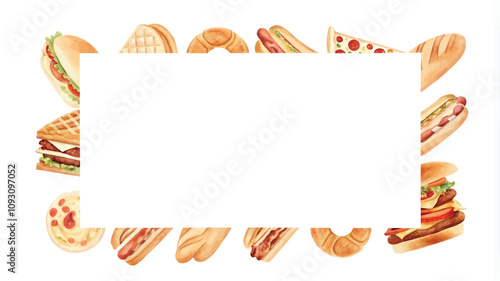 Frame of hot dogs and hamburgers. Watercolor illustration.