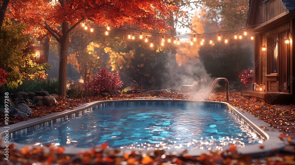 Autumn evening by the pool, soft glow from overhead string lights, steam from a nearby hot tub creating a cozy effect, vibrant leaves scattered poolside, peaceful and inviting scene, Autumn evening by the pool, soft glow from overhead string lights, steam from a nearby hot tub creating a cozy effect, vibrant leaves scattered poolside, peaceful and inviting scene,