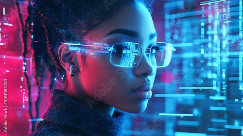 Virtual Influencer Showcasing Brand Products with Neon Digital Overlays in a Trendy Futuristic Cyberpunk Inspired Setting