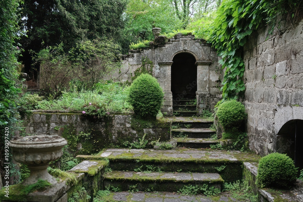 Overgrown Stone Archway And Steps In A Lush Garden Overgrown Stone Archway And Steps In A Lush Garden
