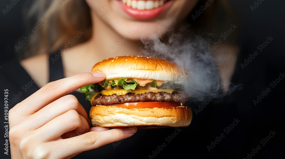 Person eating a hamburger with factory emissions illustrated above. Person eating a hamburger with factory emissions illustrated above.