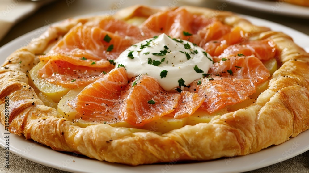 Roasted Potato Galette with Creme Fraiche and Smoked Salmon Gourmet savory tart with smoked salmon and cream topping for culinary delight Roasted Potato Galette with Creme Fraiche and Smoked Salmon Gourmet savory tart with smoked salmon and cream topping for culinary delight