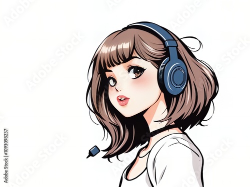 anime girl with headphones and a microphone. photo