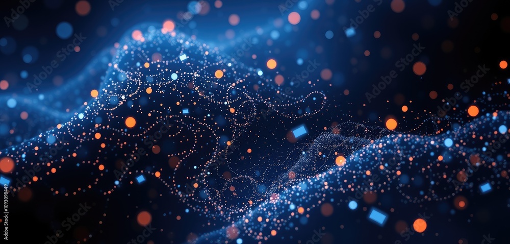 Abstract dark blue digital particles waves with orange bokeh lights background, Generative Ai Abstract dark blue digital particles waves with orange bokeh lights background, Generative Ai