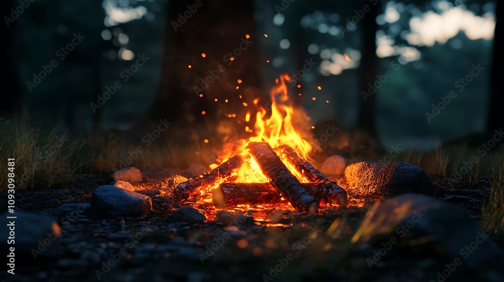 Campfire burning brightly in a dark forest Campfire burning brightly in a dark forest