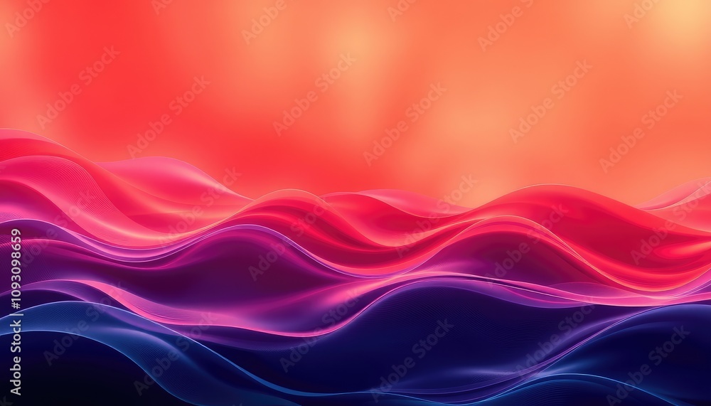 Red, purple and blue abstract waves flow on fire orange gradient background, Generative Ai Red, purple and blue abstract waves flow on fire orange gradient background, Generative Ai
