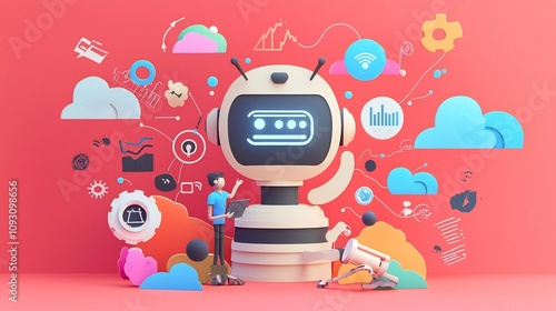 Wallpaper Mural Whimsical and vibrant paper cut style depicting a marketer interacting with a chatbot surrounded by a collage of layered AI themed icons graphs charts and digital elements Torontodigital.ca