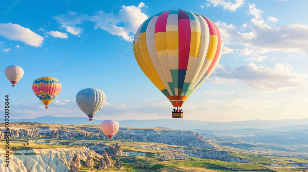 Obraz premium A picturesque scene of colorful hot air balloons floating above the breathtaking landscapes of Cappadocia, Turkey.