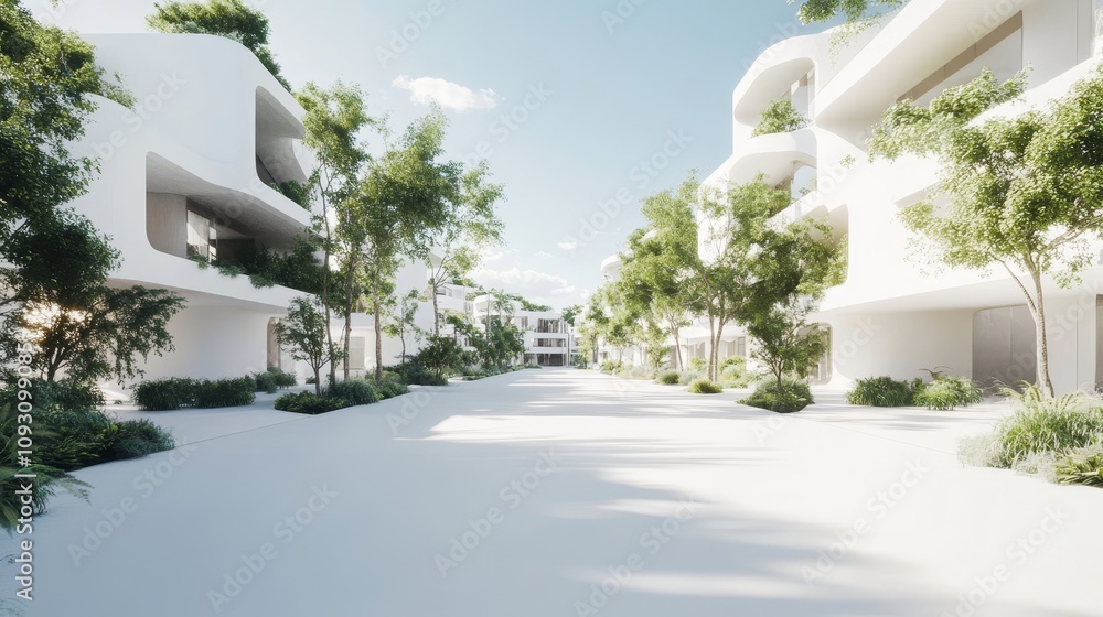 Modern Architecture Shines in a Sunlit Urban Landscape, Showcasing Abstract White Buildings Amid Lush Greenery and a Serene Pedestrian Avenue in a Contemporary Neighborhood Modern Architecture Shines in a Sunlit Urban Landscape, Showcasing Abstract White Buildings Amid Lush Greenery and a Serene Pedestrian Avenue in a Contemporary Neighborhood
