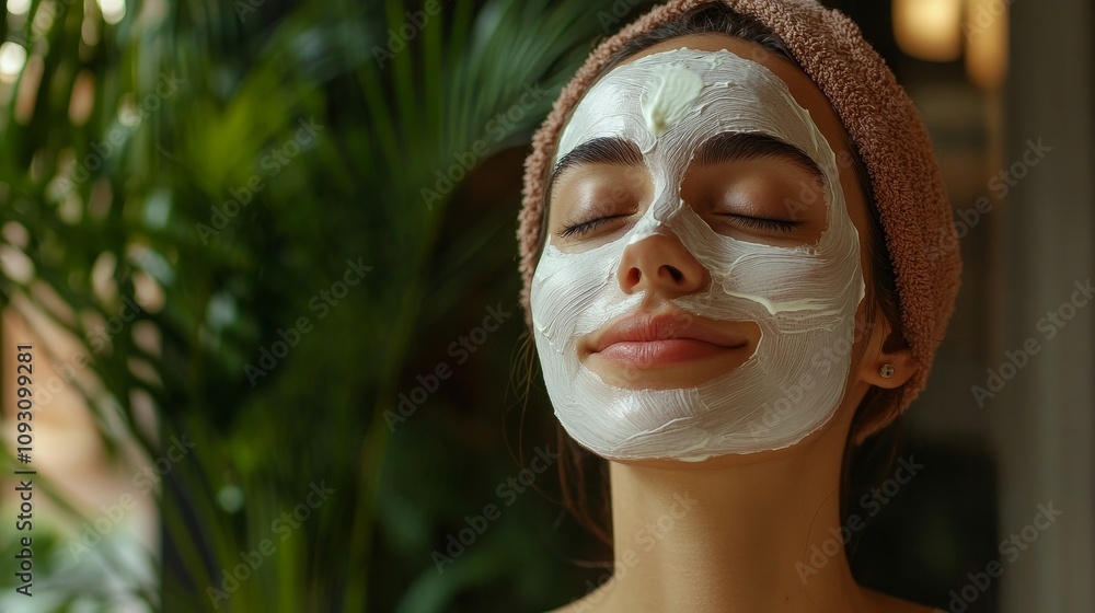 Serene Skincare Moment: Young Woman with Face Mask - Relaxing skincare routine, facial mask, self-care, beauty, tranquility Serene Skincare Moment: Young Woman with Face Mask - Relaxing skincare routine, facial mask, self-care, beauty, tranquility
