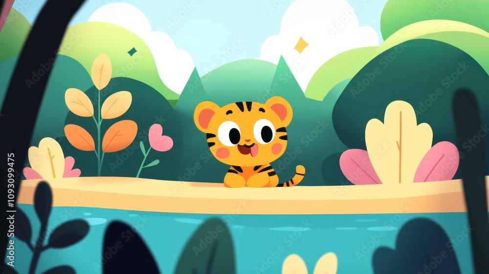 Cheerful cartoon tiger sits by serene river on sandy bank, surrounded by vibrant trees and colorful foliage, creating joyful, whimsical atmosphere childrenprojects. Cheerful cartoon tiger sits by serene river on sandy bank, surrounded by vibrant trees and colorful foliage, creating joyful, whimsical atmosphere childrenprojects.