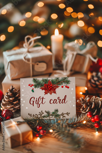 Gift card for a Christmas holidays. Nicely decorated voucher with xmas decorations, perfect present for winter holidays.