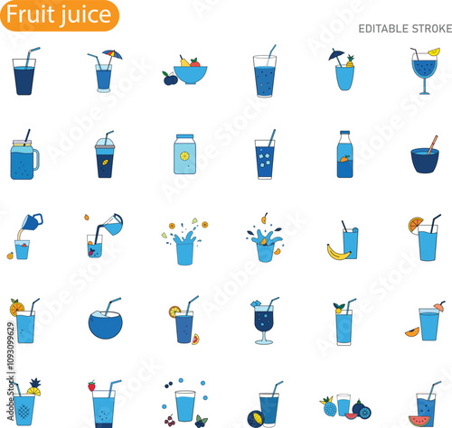 Refreshing Fruit Juice Icons Drinks, Glasses, and Beverages