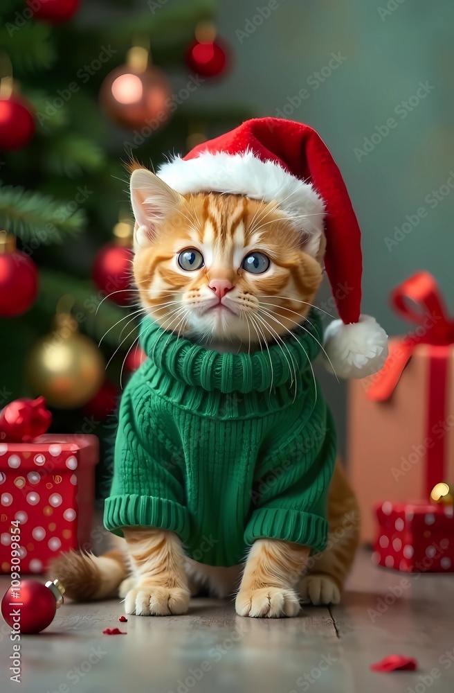Kittens dressed in green knitted sweaters and red Santa hats, surrounded by colorful Christmas gifts, ornaments and festive backgrounds. Kittens dressed in green knitted sweaters and red Santa hats, surrounded by colorful Christmas gifts, ornaments and festive backgrounds.
