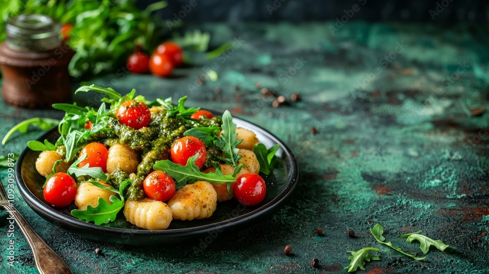 Delicious gnocchi with pesto and cherry tomatoes rustic kitchen food photography natural lighting culinary art Delicious gnocchi with pesto and cherry tomatoes rustic kitchen food photography natural lighting culinary art
