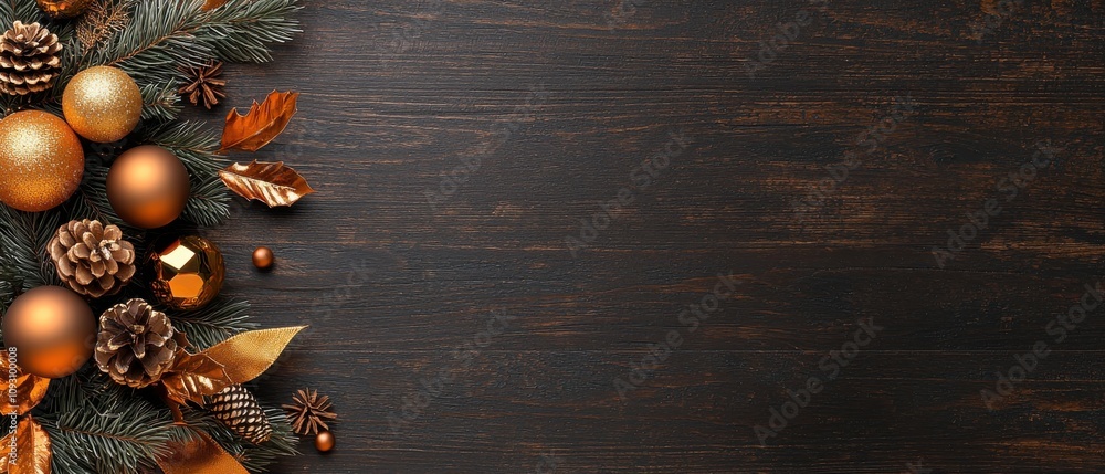 Festive arrangement of golden ornaments and pinecones on a dark wooden background. Festive arrangement of golden ornaments and pinecones on a dark wooden background.