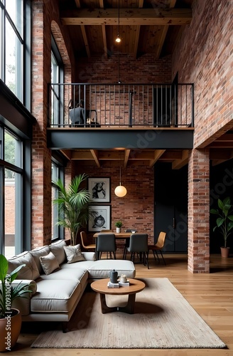 Modern loft apartment interior with an open floor plan, brick wall and an austere yet cozy style