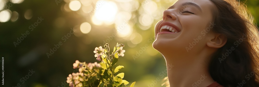Fototapeta premium A young woman smiles joyfully while holding flowers, immersed in the beauty of nature and embodying the essence of happiness and tranquility in a serene environment.