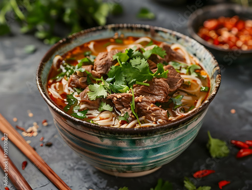 Photo Beef Noodle Soup Cilantro Garnish Asian Cuisine photo