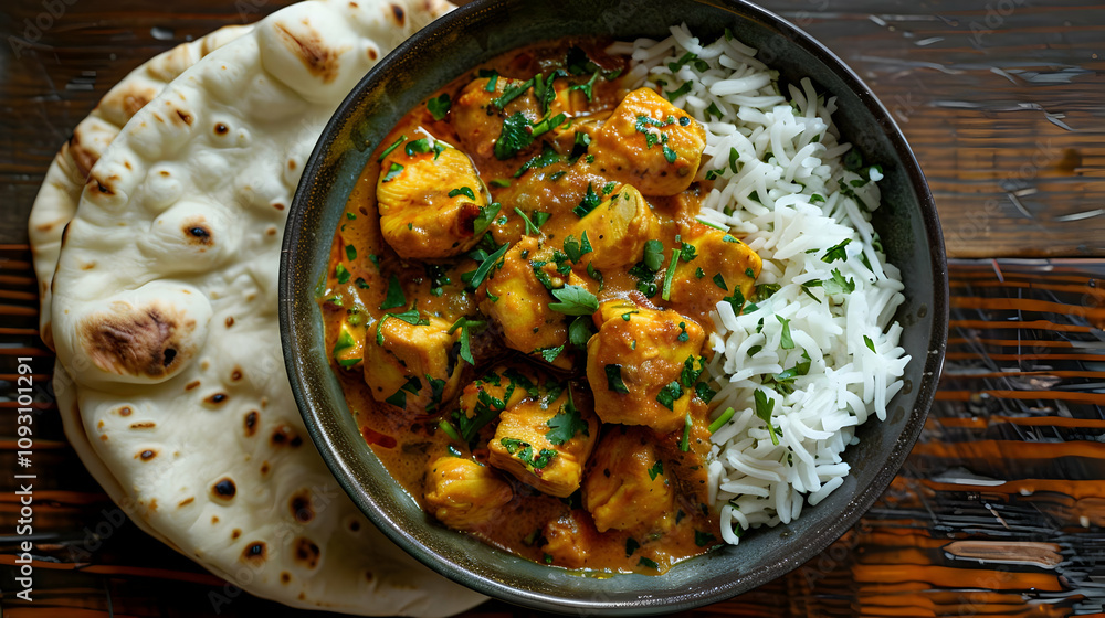 Photo Indian Chicken Curry Rice Naan Bread Dinner Cuisine Meal Dish Food Photo Indian Chicken Curry Rice Naan Bread Dinner Cuisine Meal Dish Food