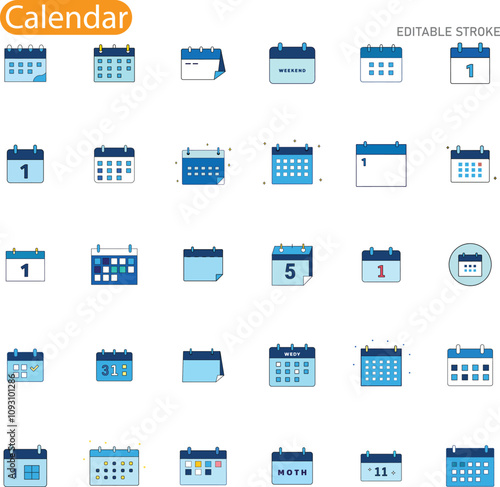 Calendar Icons Editable, Blue, Grid, Date, Schedule, Planning, Month, Year, Day, Reminder