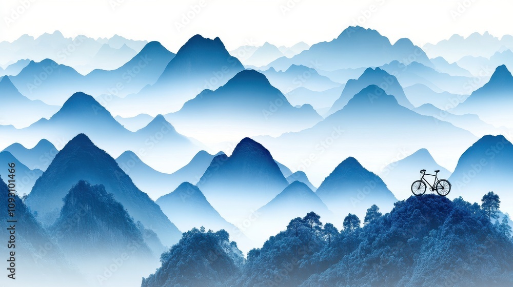 Serene landscape of undulating blue mountains with bicycle silhouette in the foreground symbolizes adventure. ideal for themes of nature, travel, and outdoor exploration. Serene landscape of undulating blue mountains with bicycle silhouette in the foreground symbolizes adventure. ideal for themes of nature, travel, and outdoor exploration.