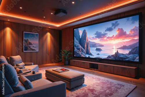 Modern home cinema room with projector showing ocean sunset