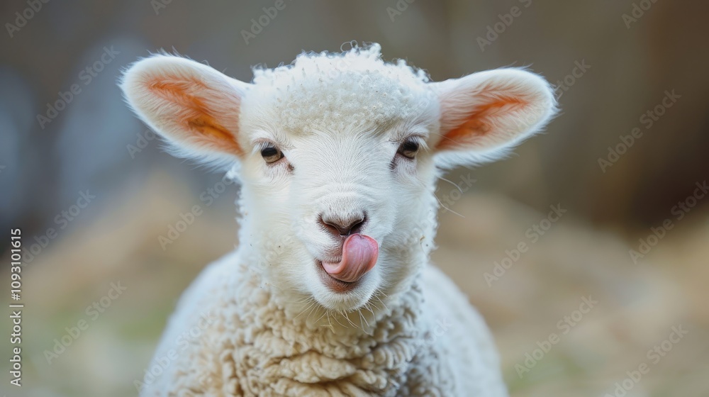 Fototapeta premium Funny young sheep or lamb close up banner, showing her tongue blurred farm background