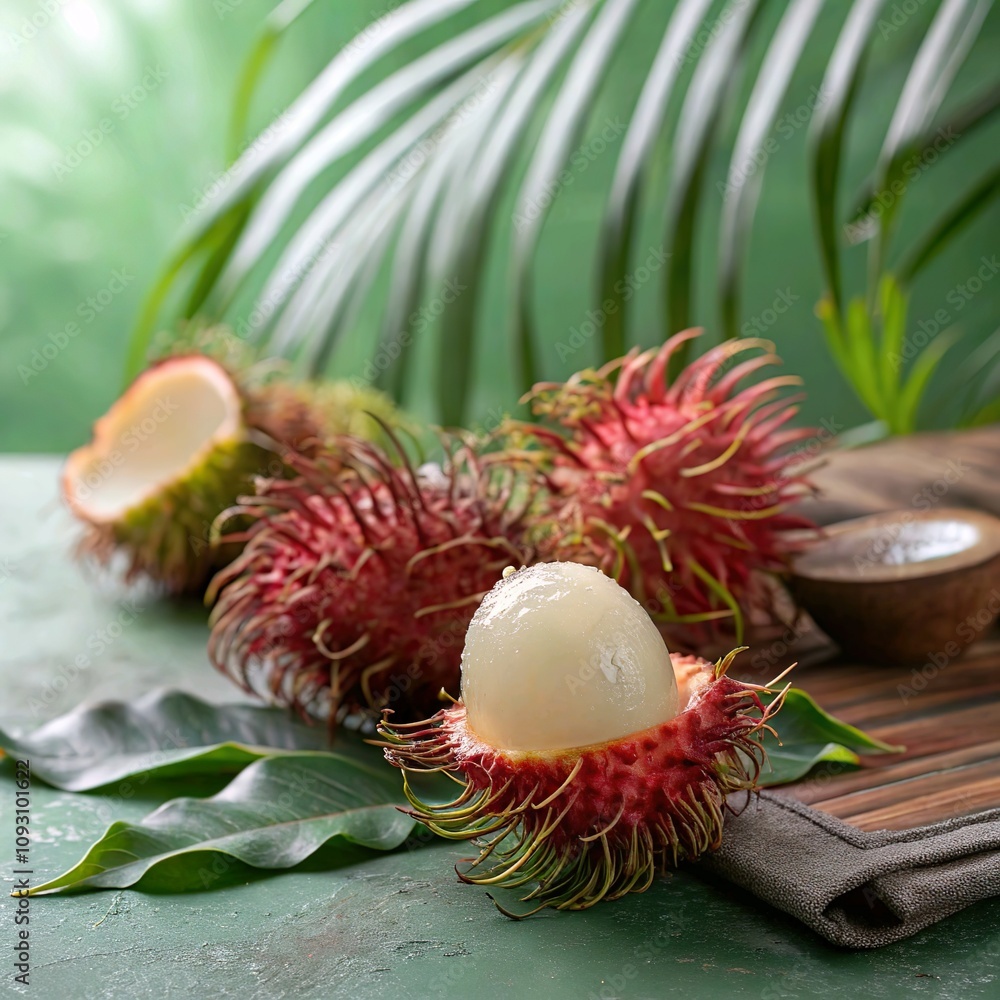 Exotic rambutan with a tropical green background Exotic rambutan with a tropical green background