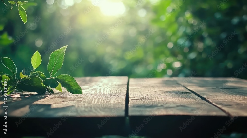 Natural Wooden Table on Green Nature Background with Abstract Design Natural Wooden Table on Green Nature Background with Abstract Design