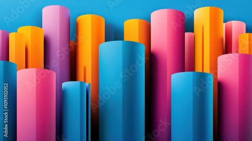 Vibrant abstract composition of tall cylindrical shapes in bright pink, orange, blue, and purple against smooth blue background, creativity and energy. ideal for design and advertising.