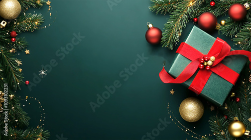 Christmas Gift Box Red Ribbon Pine Branches Gold Red Ornaments Sparkling Lights Dark Green Background Festive Holiday Scene Elegant Composition Warm Glow Seasonal High Contrast Luxurious