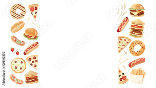 Fast food frame. Frame made of different fast food products. Vector illustration.