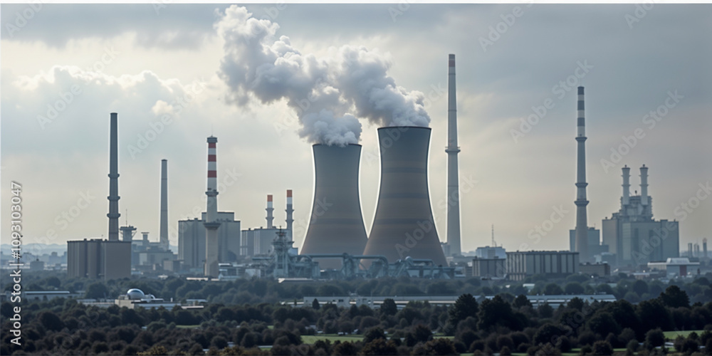 Nuclear power plant with cooling towers emitting steam and smoke against cloudy sky Nuclear power plant with cooling towers emitting steam and smoke against cloudy sky