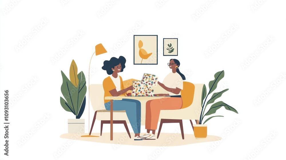 Two women joyfully crafting together in a cozy home setting, surrounded by plants and art, showcasing creativity and friendship. Two women joyfully crafting together in a cozy home setting, surrounded by plants and art, showcasing creativity and friendship.