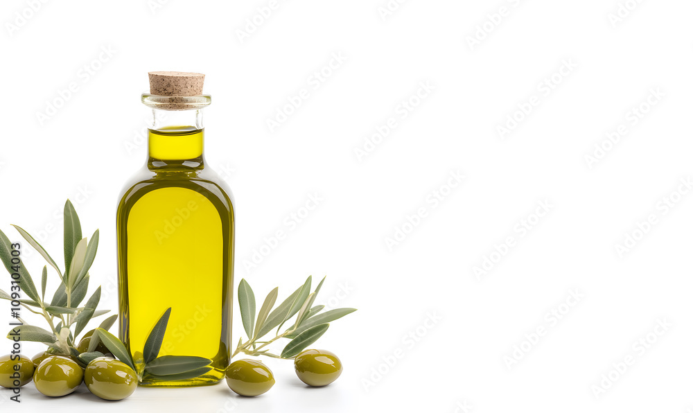 Olive branch and bottle of olive oil isolated on a white background Olive branch and bottle of olive oil isolated on a white background
